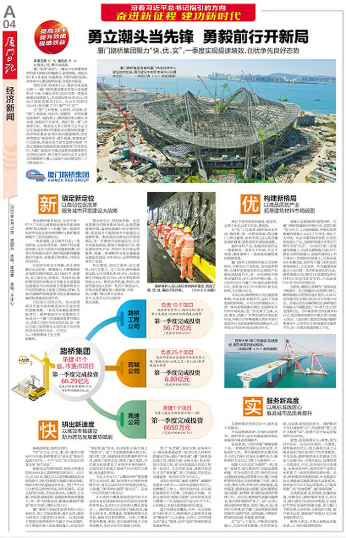 20220415【黨辦】廈門(mén)日報：勇立潮頭當先鋒  勇毅前行開(kāi)新局—— 廈門(mén)路橋集團聚力“快、優(yōu)、實(shí)”，一季度實(shí)現提速增效、創(chuàng  )優(yōu)爭先良好態(tài)勢_調整大小.png